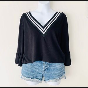 Anthropologie W5 Black Deep V Neck Bell Sleeve Top